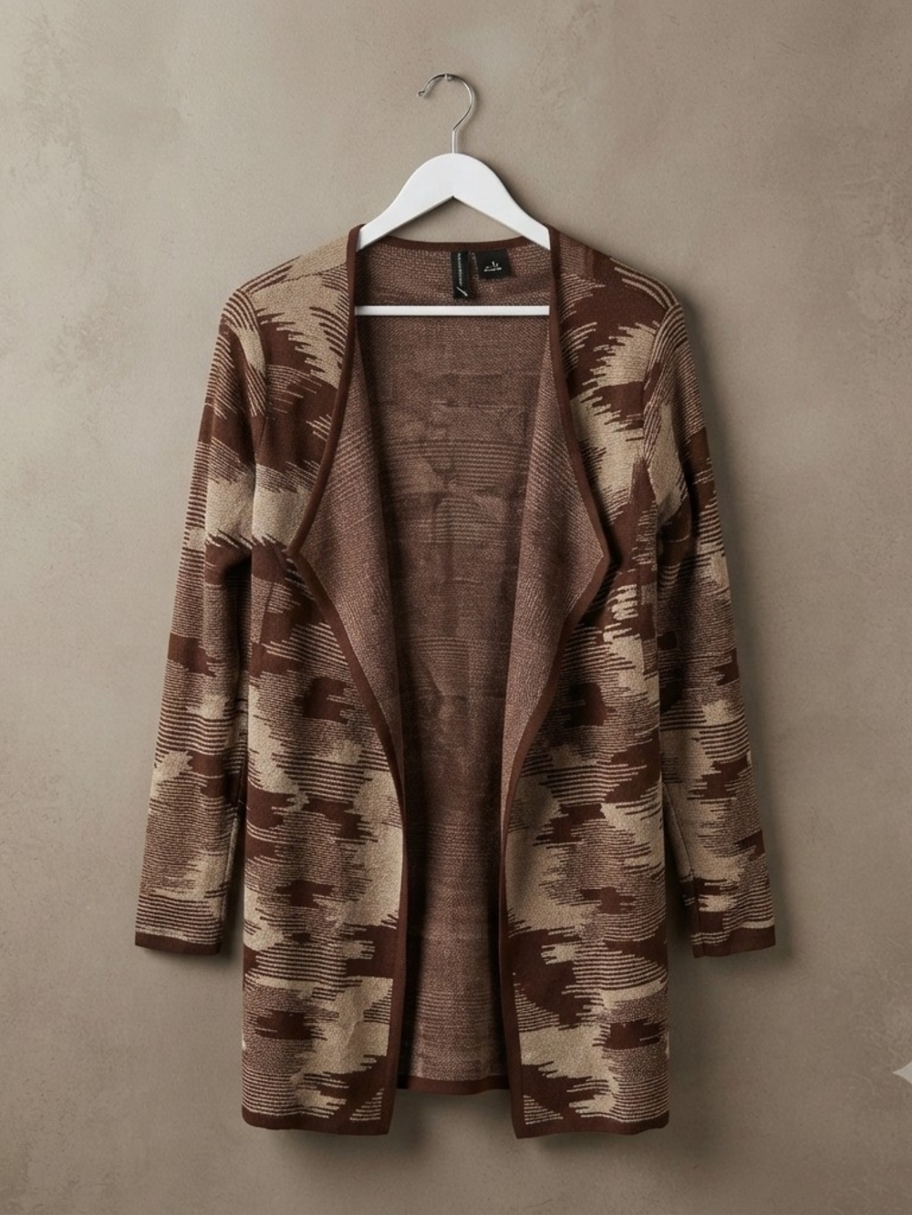 New Directions Women's XL Brown Geometric Print Open Front Long Sleeve Cardigan